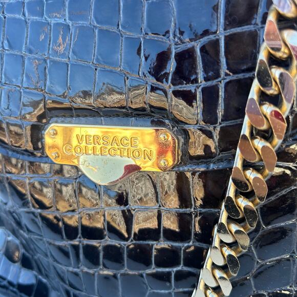 Versace Collection Croc-Embossed Patent Leather Top Handle Bag Black Purse - Picture 2 of 10